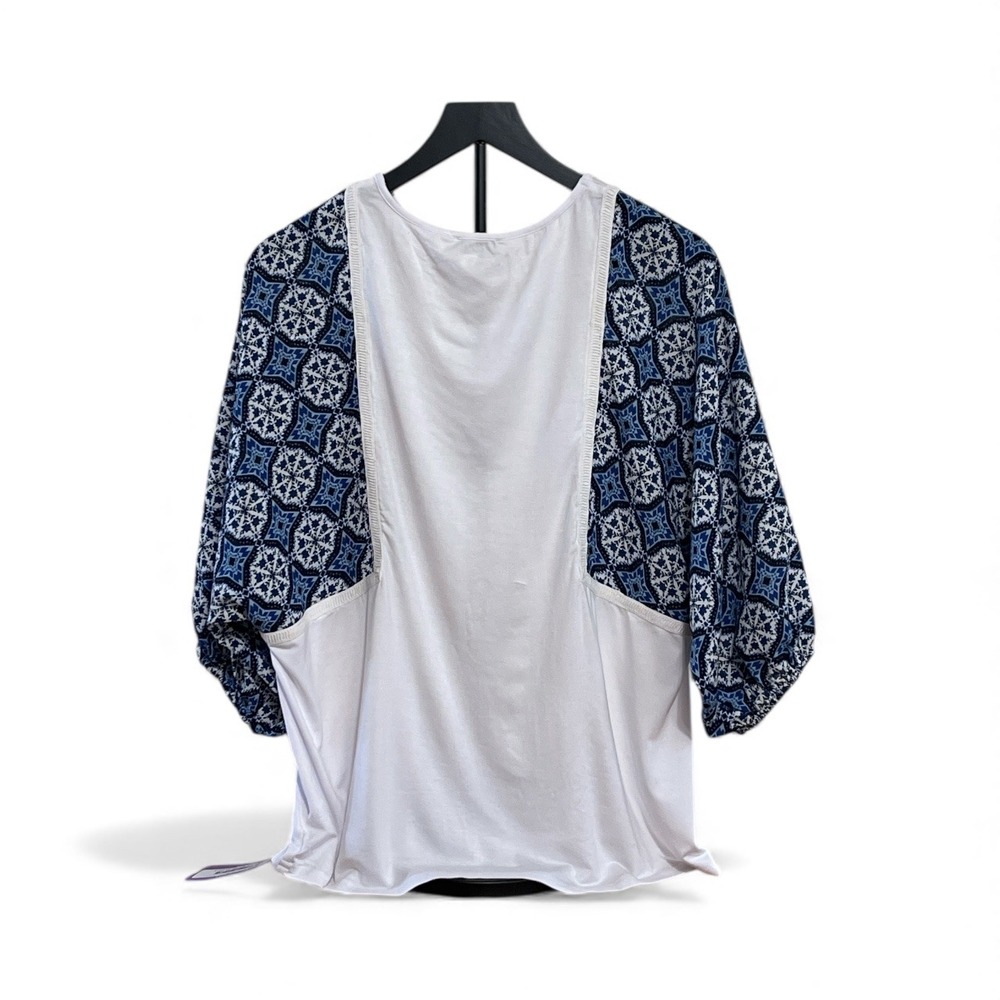 Chic White Top Geometric Print Puff Sleeve Blouse Women's Medium - Picture 4 of 6